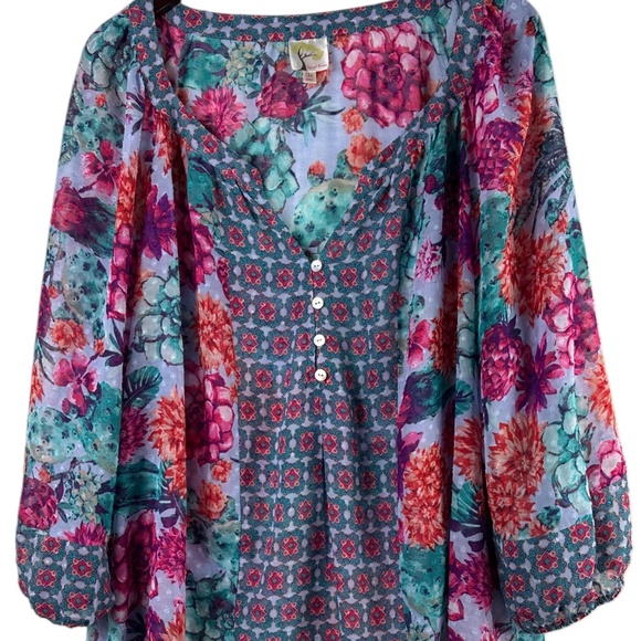 Fig and Flower Anthropologie 3X 22 24 Top Tunic Shirt Floral Vibrant Silky Sheer - Picture 2 of 5